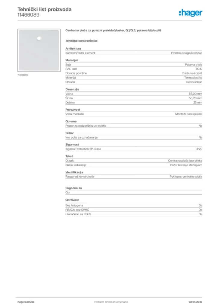 Slika Hager Tehnički list proizvoda 11466089  | Hager
