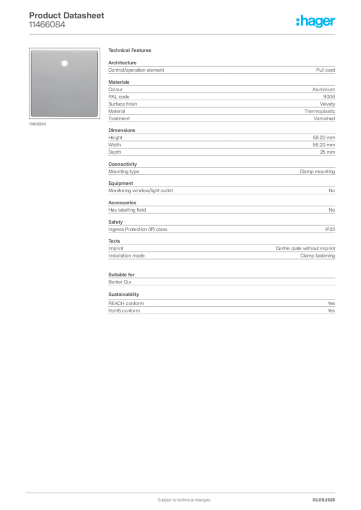 Image Hager Product data sheet 11466084  | Hager