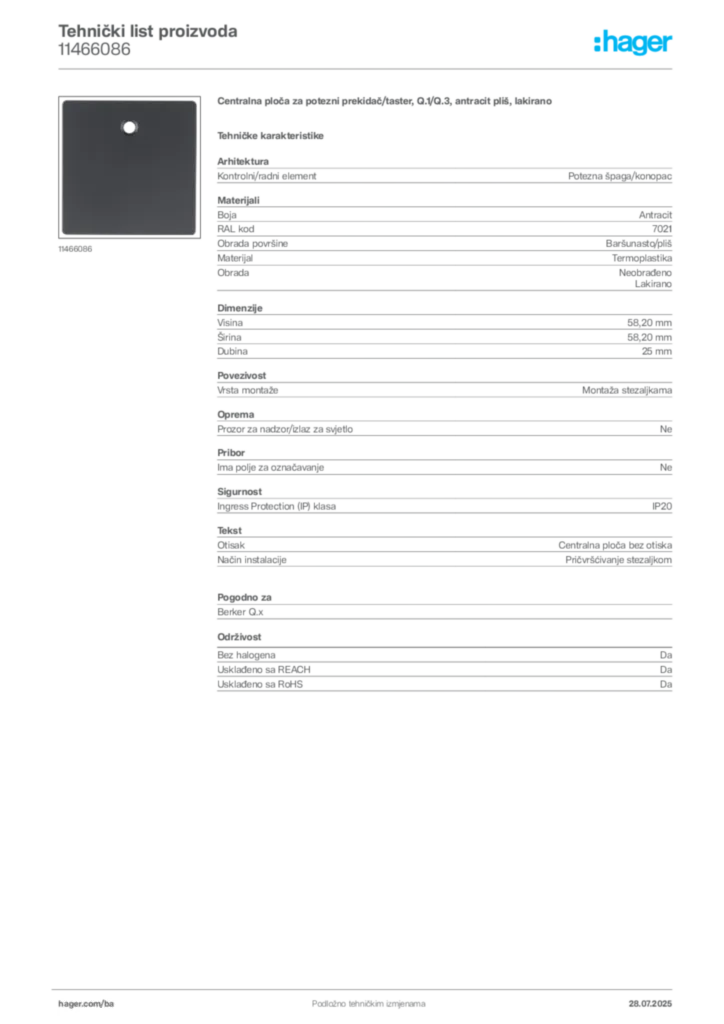 Slika Hager Product data sheet 11466086  | Hager