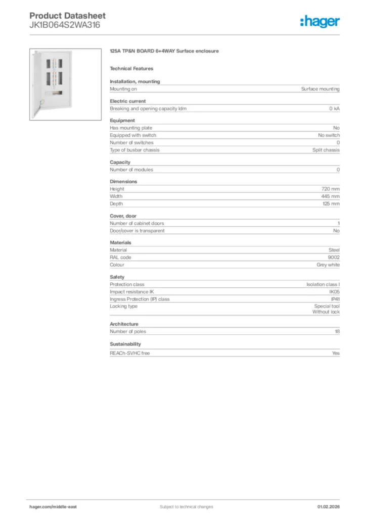 Image Hager Product data sheet JK1B064S2WA316  | Hager