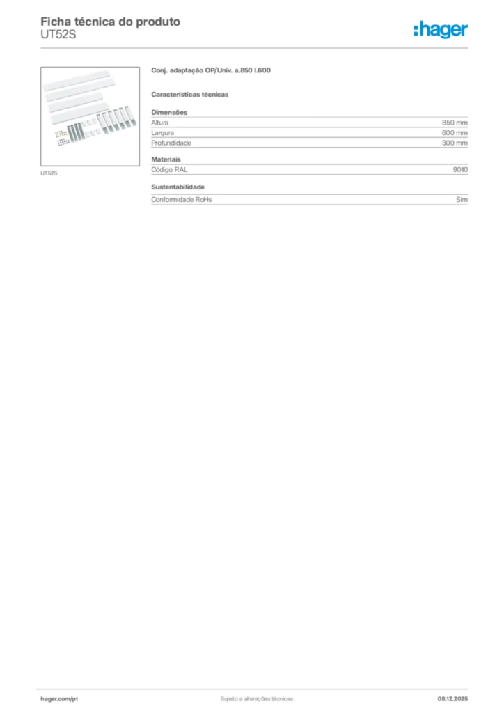 Imagem Hager Ficha técnica do produto UT52S | Hager Portugal