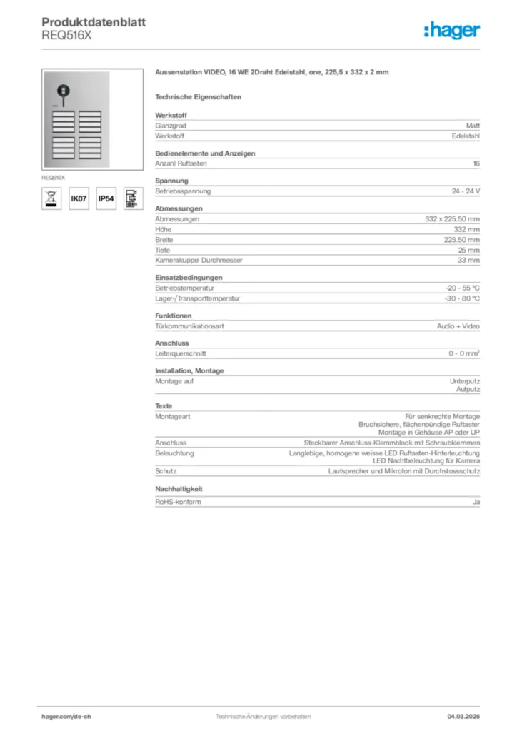 Bild Hager Produktdatenblatt REQ516X | Hager Schweiz