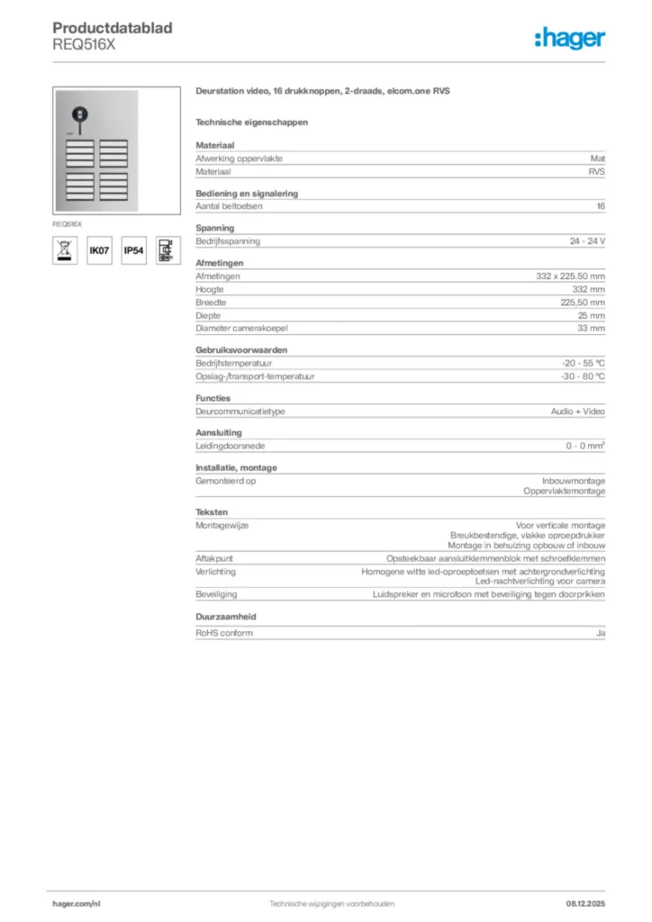 Afbeelding Hager Productdatablad REQ516X | Hager Nederland