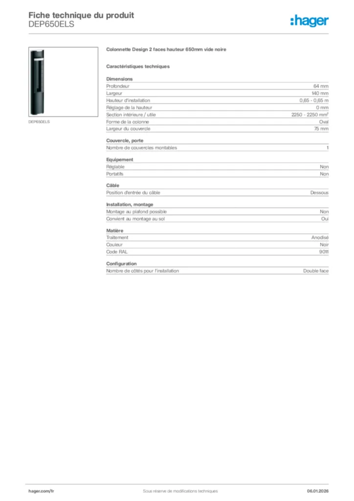 Image Hager Fiche technique du produit DEP650ELS | Hager France