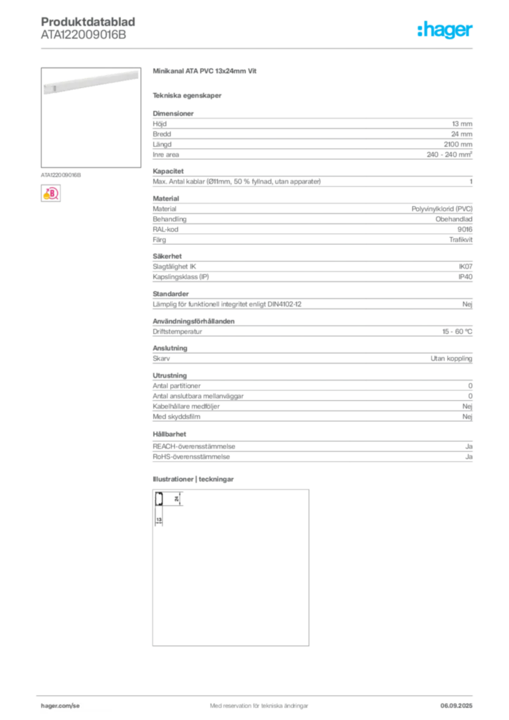 Bild Hager Produktdatablad ATA122009016B | Hager Sverige