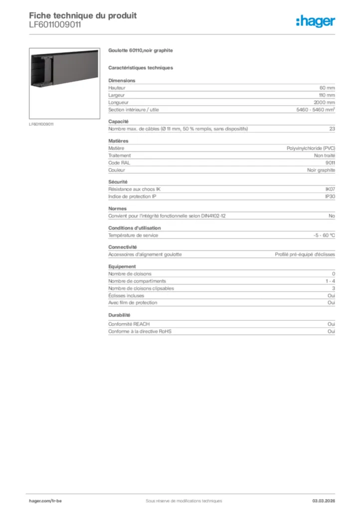 Image Hager Fiche technique du produit LF6011009011 | Hager Belgique