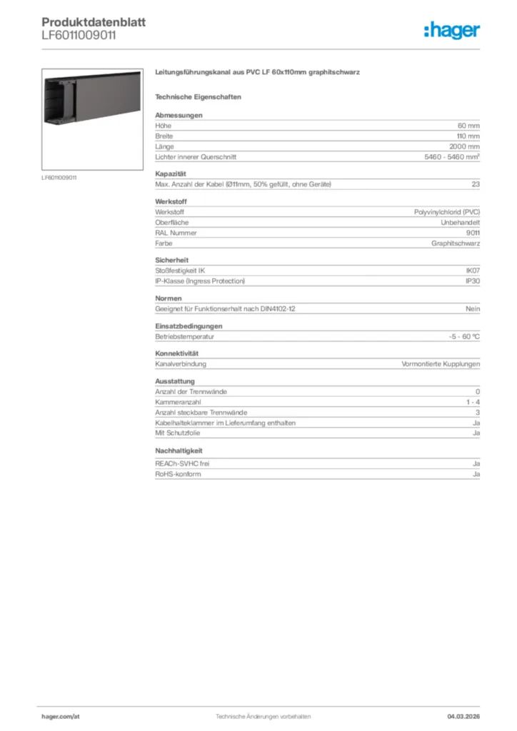 Bild Hager Produktdatenblatt LF6011009011 | Hager Deutschland