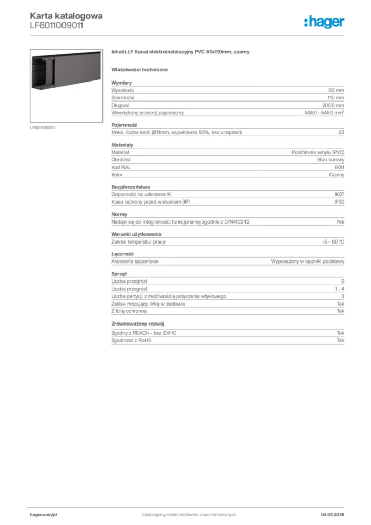 Zdjęcie Hager Karta katalogowa LF6011009011 | Hager Polska