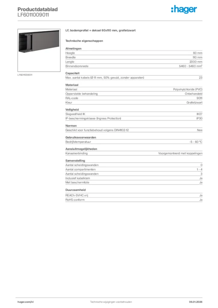 Afbeelding Hager Productdatablad LF6011009011 | Hager Nederland