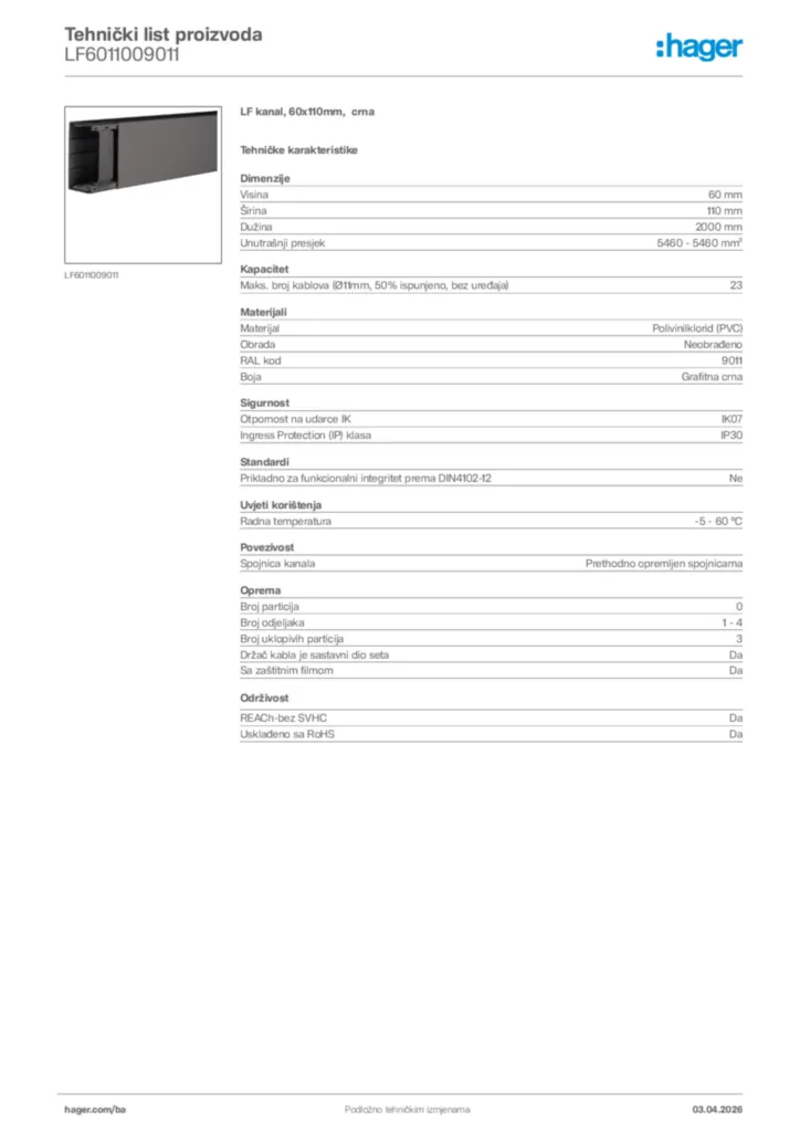 Slika Hager Tehnički list proizvoda LF6011009011  | Hager