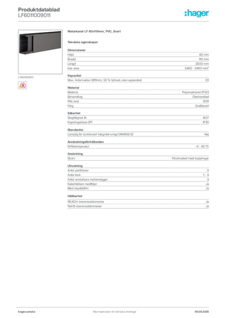 Bild Hager Produktdatablad LF6011009011 | Hager Sverige