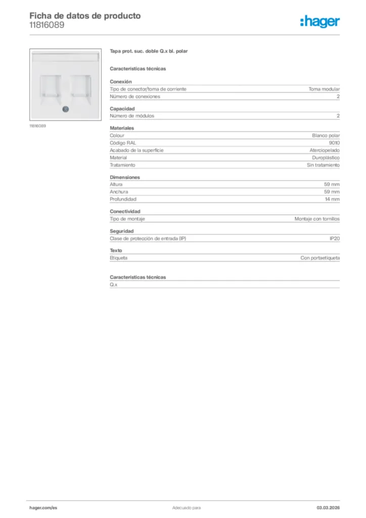 Imagen Hager Ficha de datos de producto 11816089 | Hager España