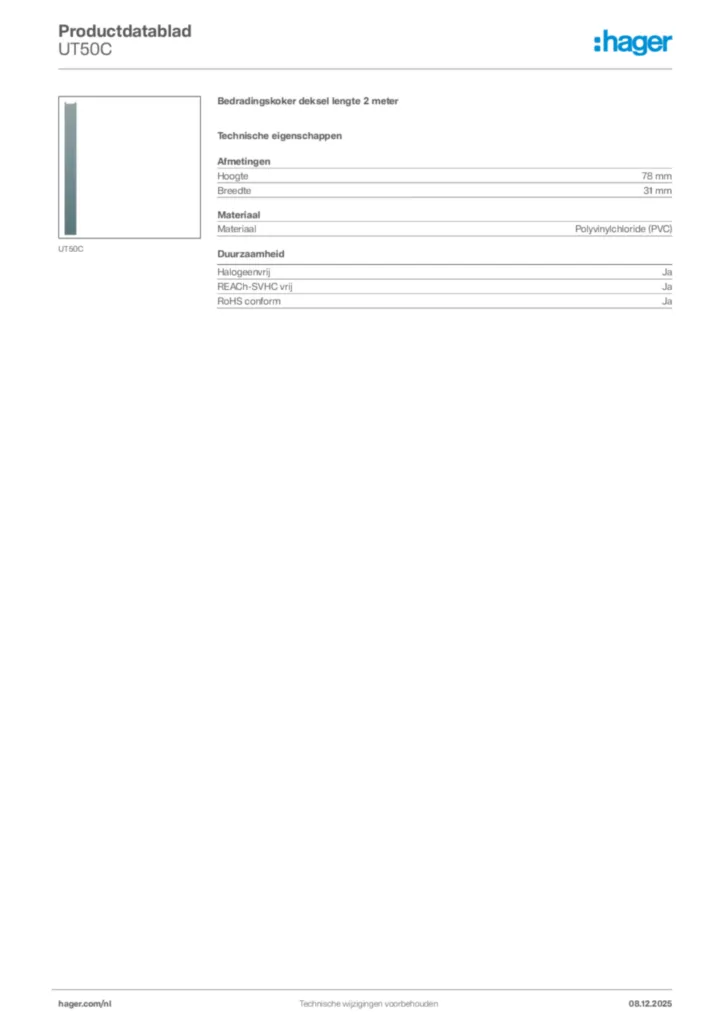 Afbeelding Hager Productdatablad UT50C | Hager Nederland