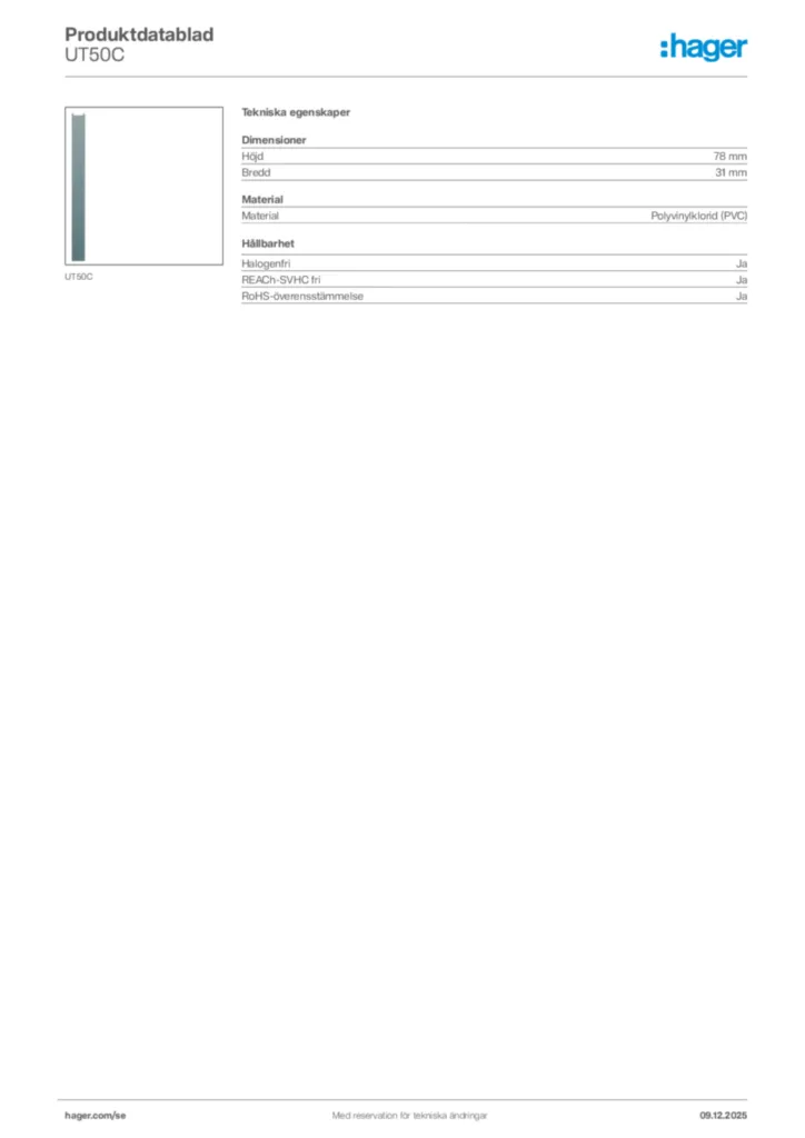 Bild Hager Produktdatablad UT50C | Hager Sverige