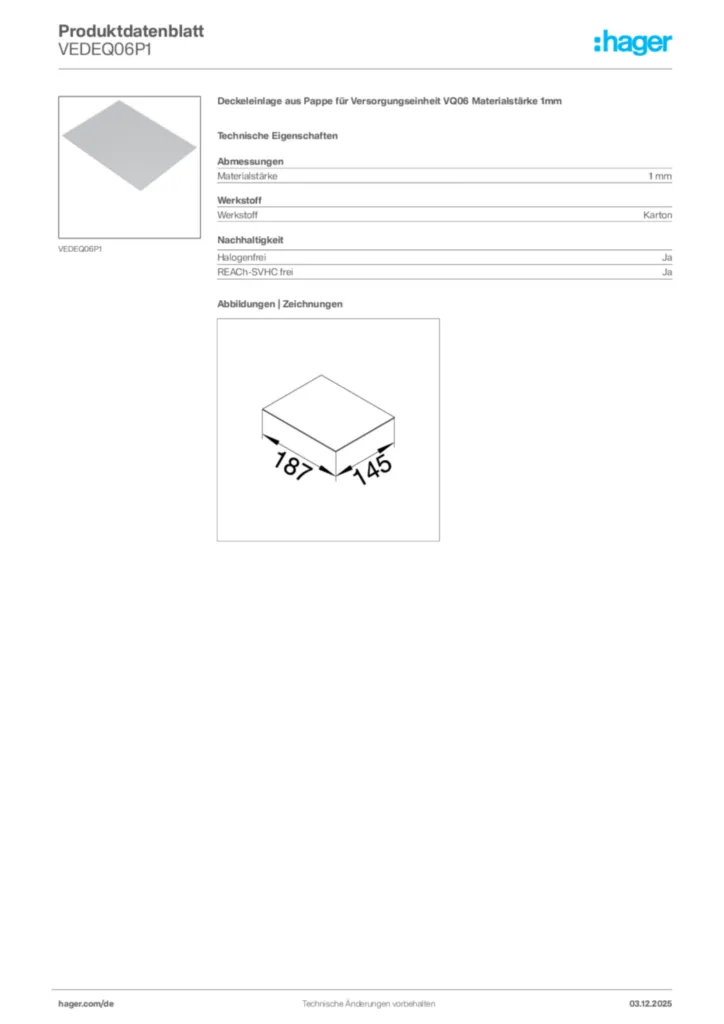Bild Hager Produktdatenblatt VEDEQ06P1 | Hager Deutschland