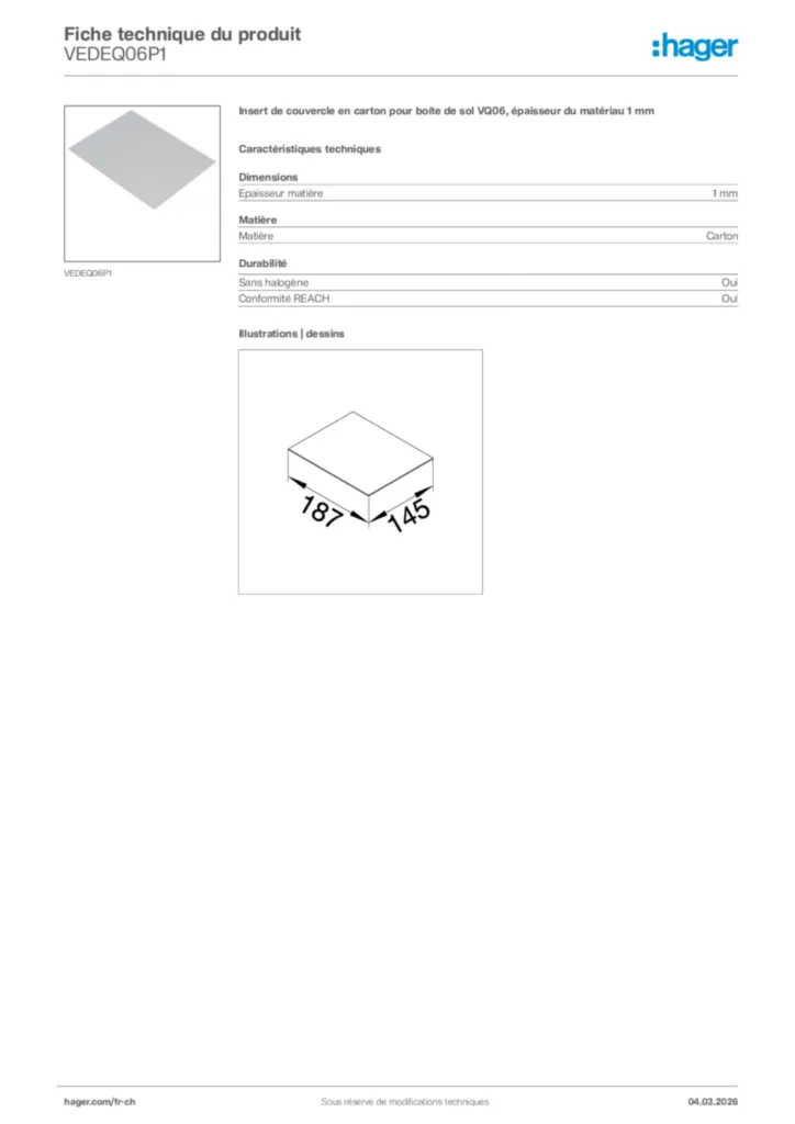 Image Hager Fiche technique du produit VEDEQ06P1 | Hager Suisse