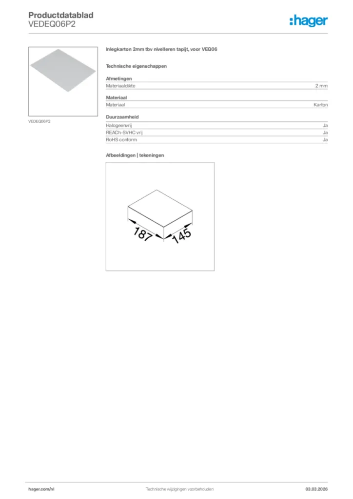 Afbeelding Hager Productdatablad VEDEQ06P2 | Hager Nederland