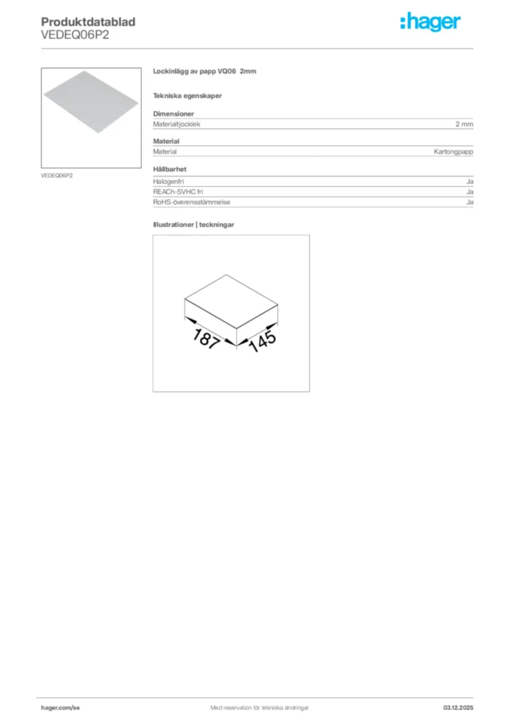 Bild Hager Produktdatablad VEDEQ06P2 | Hager Sverige