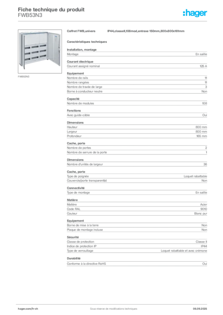 Image Hager Fiche technique du produit FWB53N3 | Hager Suisse