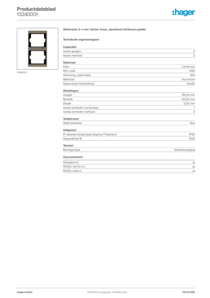 Afbeelding Hager Productdatablad 13240001 | Hager Nederland