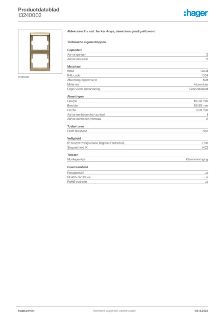 Afbeelding Hager Productdatablad 13240002 | Hager Nederland