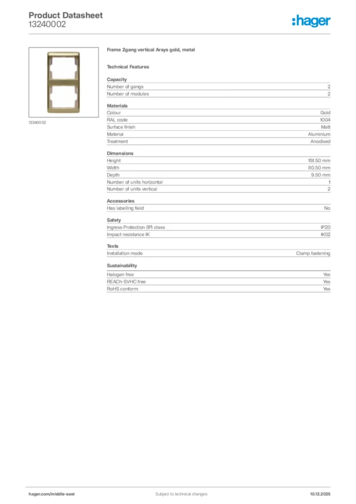 Image Hager Product data sheet 13240002  | Hager