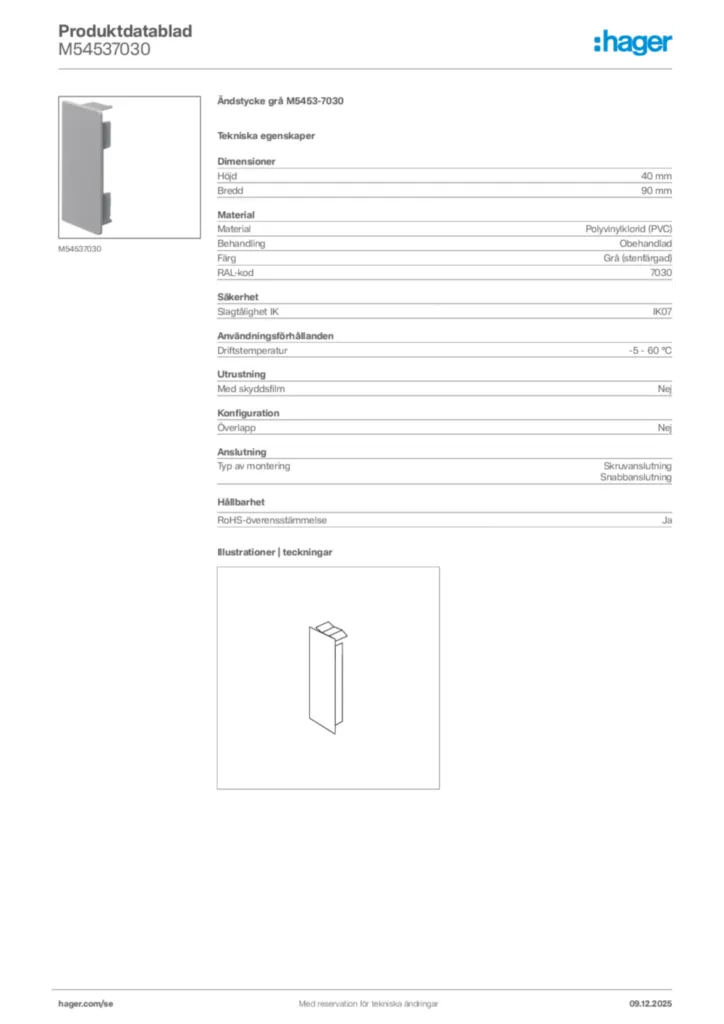 Bild Hager Produktdatablad M54537030 | Hager Sverige