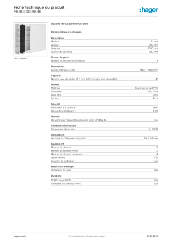 Image Hager Fiche technique du produit FB6023009016 | Hager France