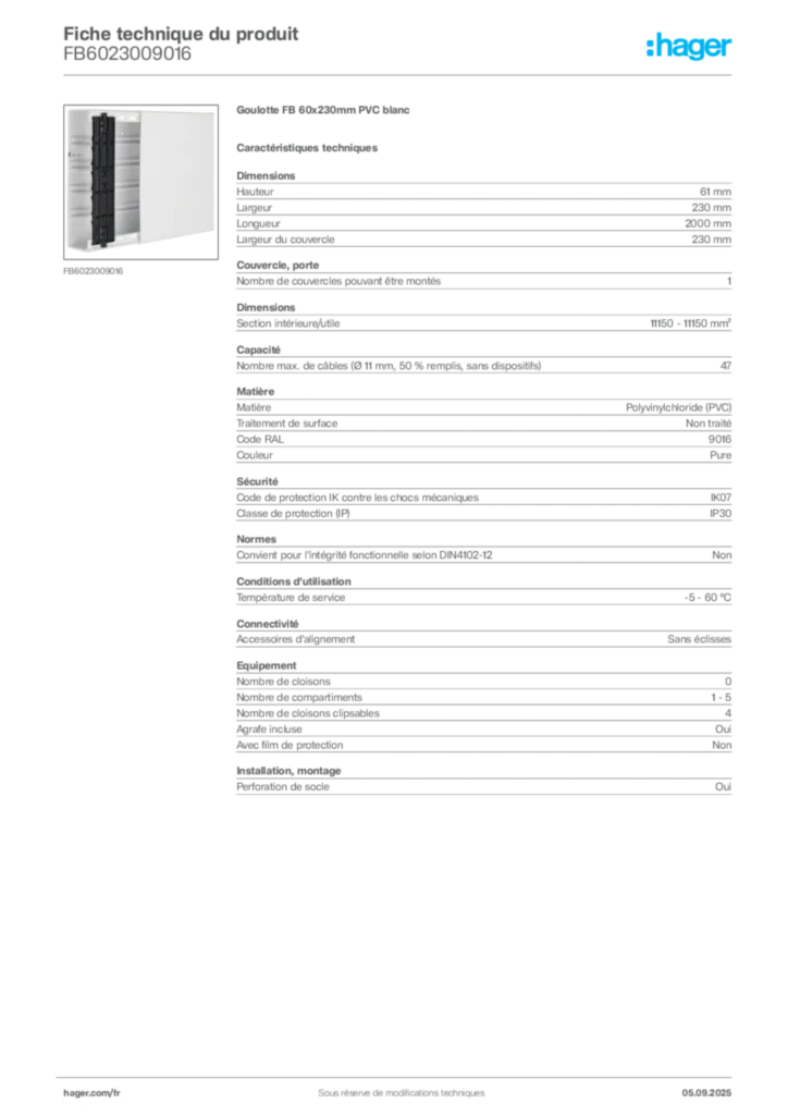Image Hager Fiche technique du produit FB6023009016 | Hager France