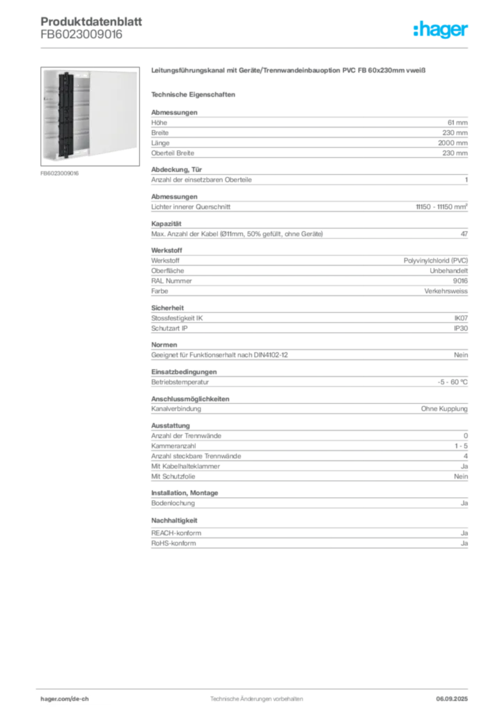 Bild Hager Produktdatenblatt FB6023009016 | Hager Schweiz