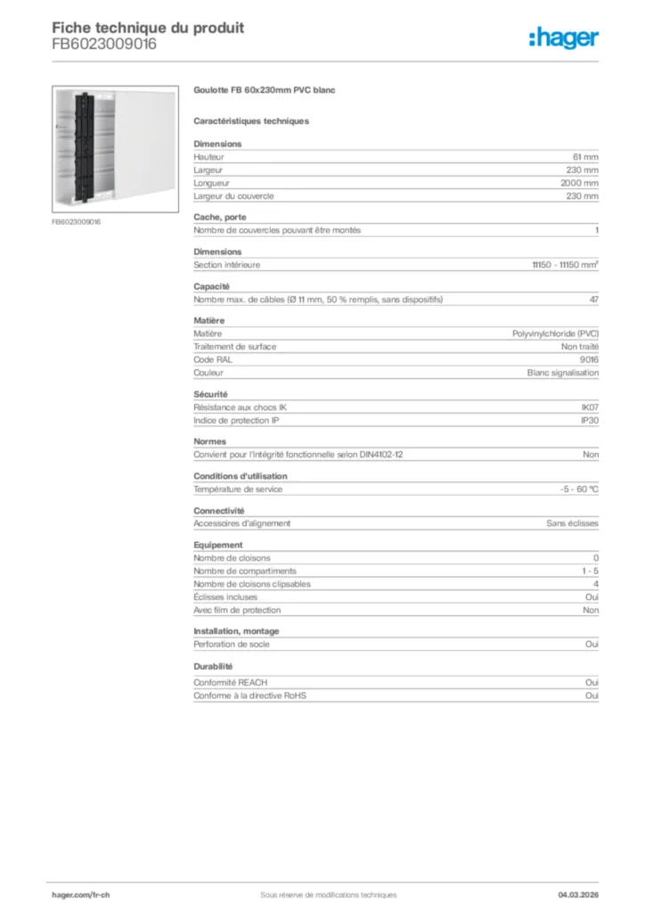 Image Hager Fiche technique du produit FB6023009016 | Hager Suisse