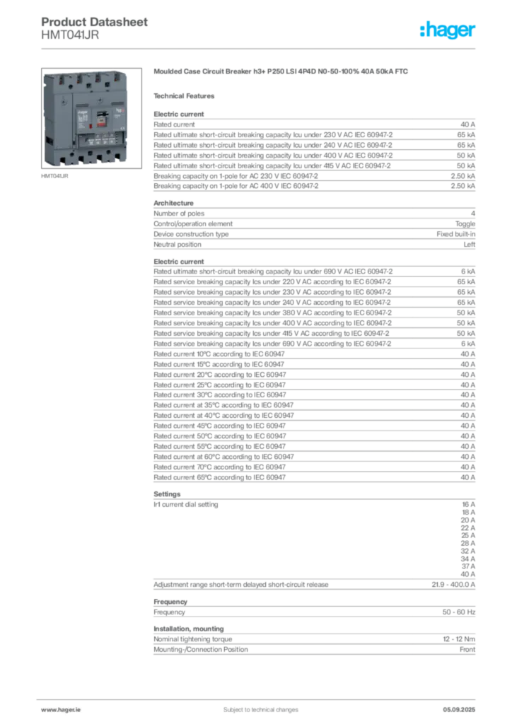Image Hager Product data sheet HMT041JR  | Hager