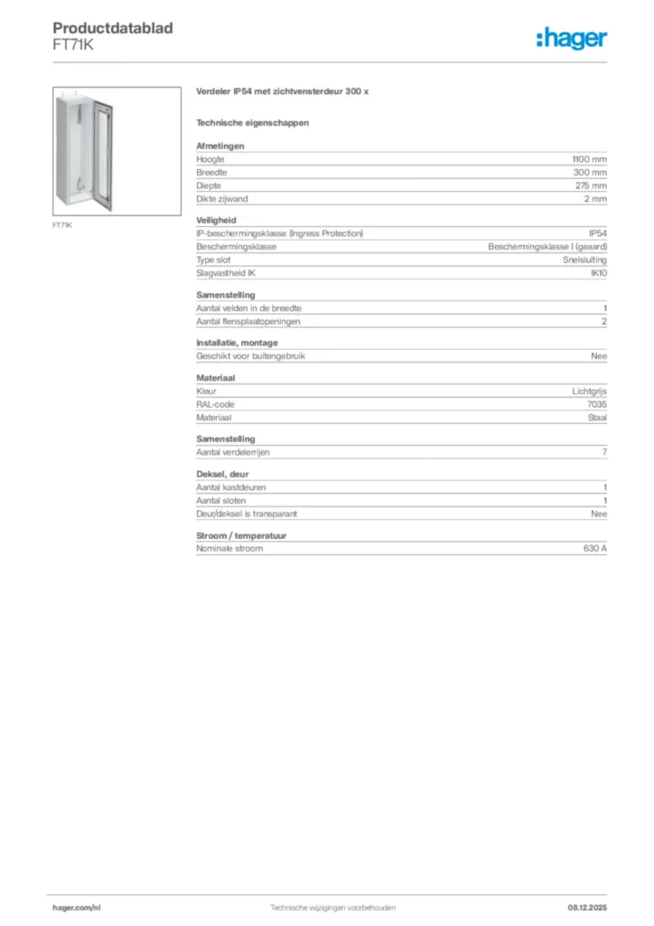 Afbeelding Hager Productdatablad FT71K | Hager Nederland