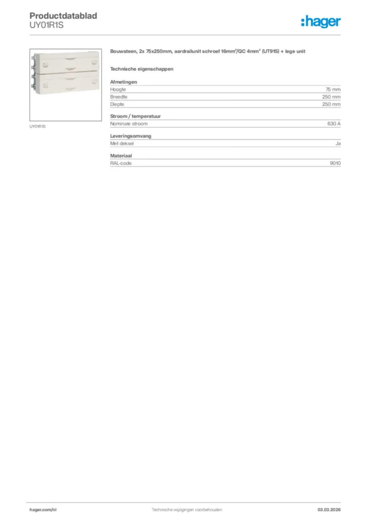 Afbeelding Hager Productdatablad UY01R1S | Hager Nederland