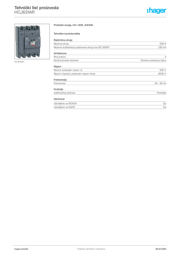 Slika Hager Product data sheet HCJ631AR  | Hager