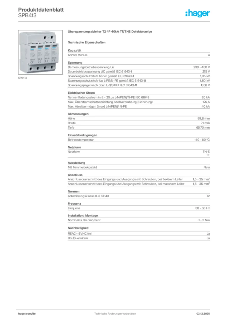 Bild Hager Produktdatenblatt SPB413 | Hager Deutschland