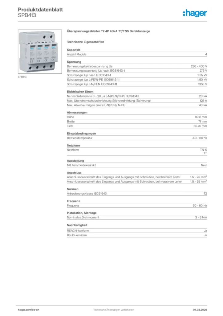 Bild Hager Produktdatenblatt SPB413 | Hager Schweiz