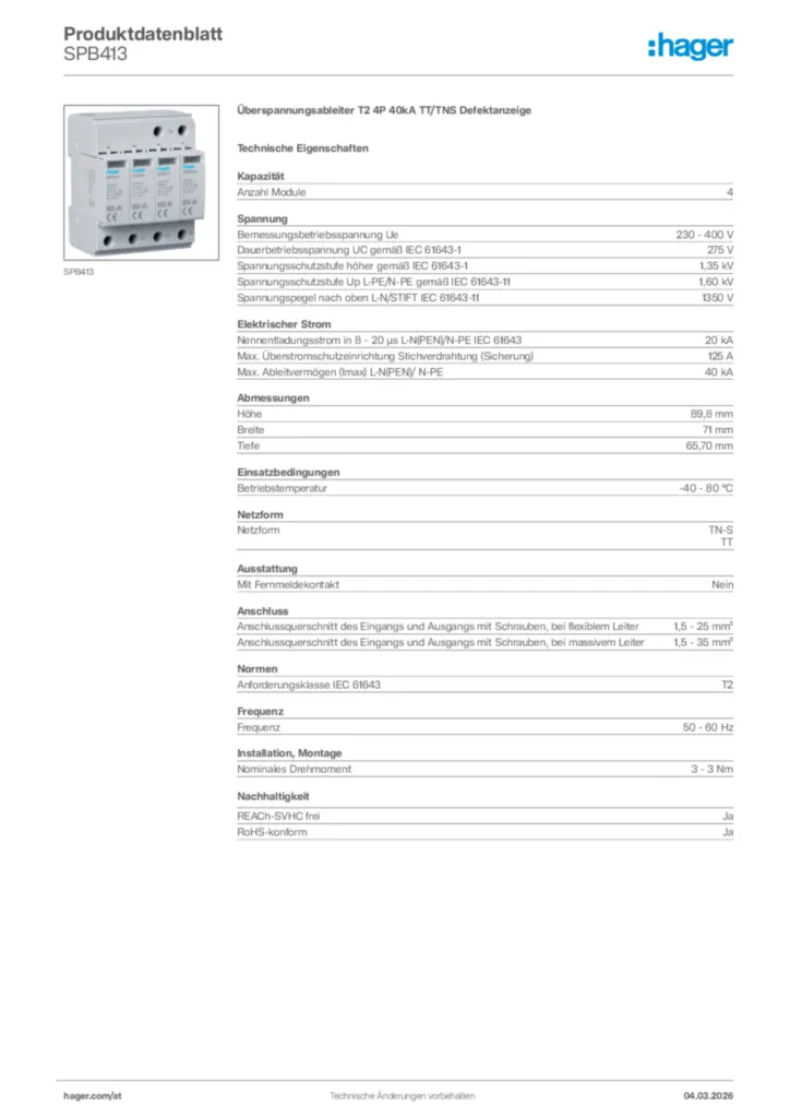 Bild Hager Produktdatenblatt SPB413 | Hager Deutschland