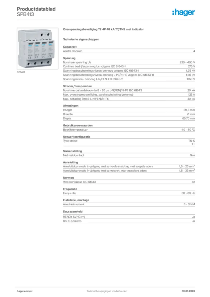 Afbeelding Hager Productdatablad SPB413 | Hager Nederland