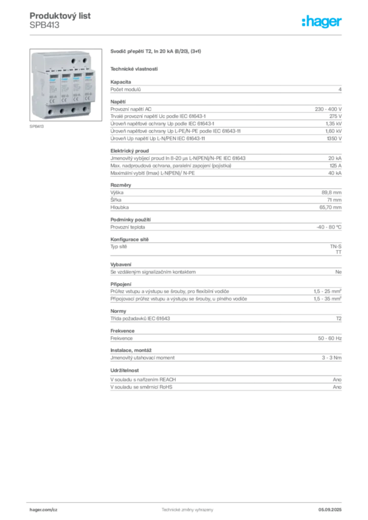 Obrázek Hager Produktový list SPB413 | Hager