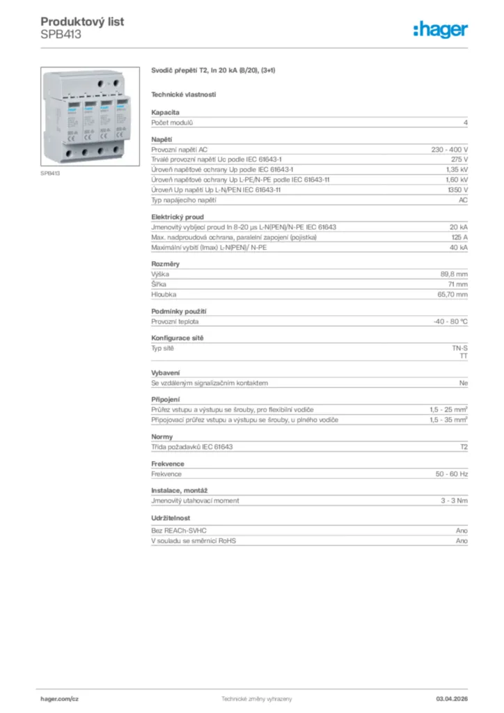 Obrázek Hager Product data sheet SPB413 | Hager