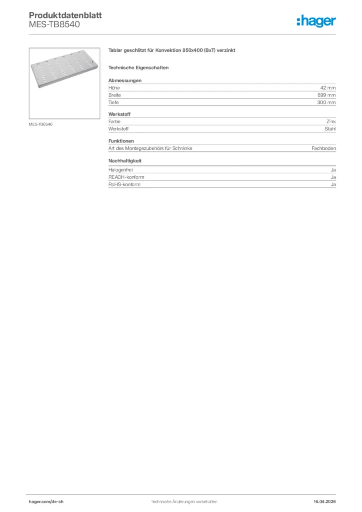 Bild Hager Produktdatenblatt MES-TB8540 | Hager Schweiz