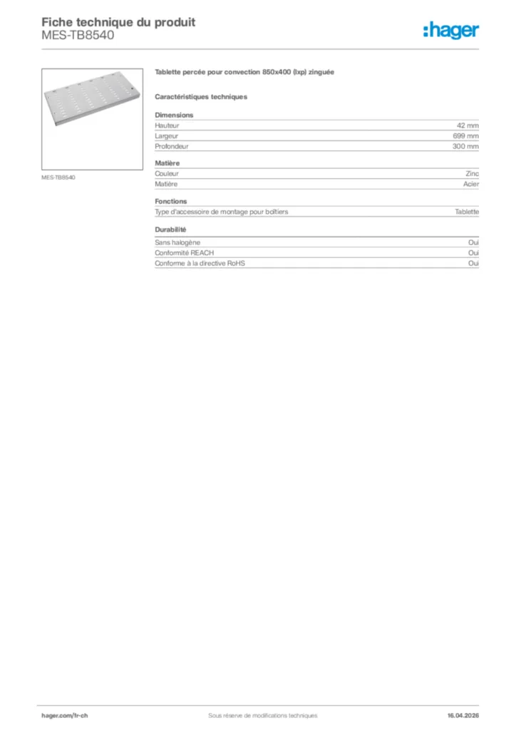 Image Hager Fiche technique du produit MES-TB8540 | Hager Suisse