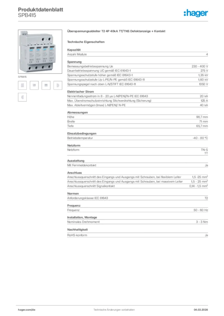 Bild Hager Produktdatenblatt SPB415 | Hager Deutschland