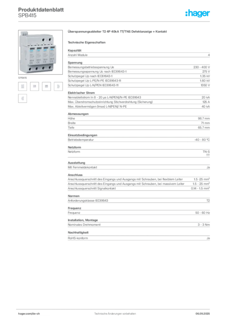 Bild Hager Produktdatenblatt SPB415 | Hager Schweiz