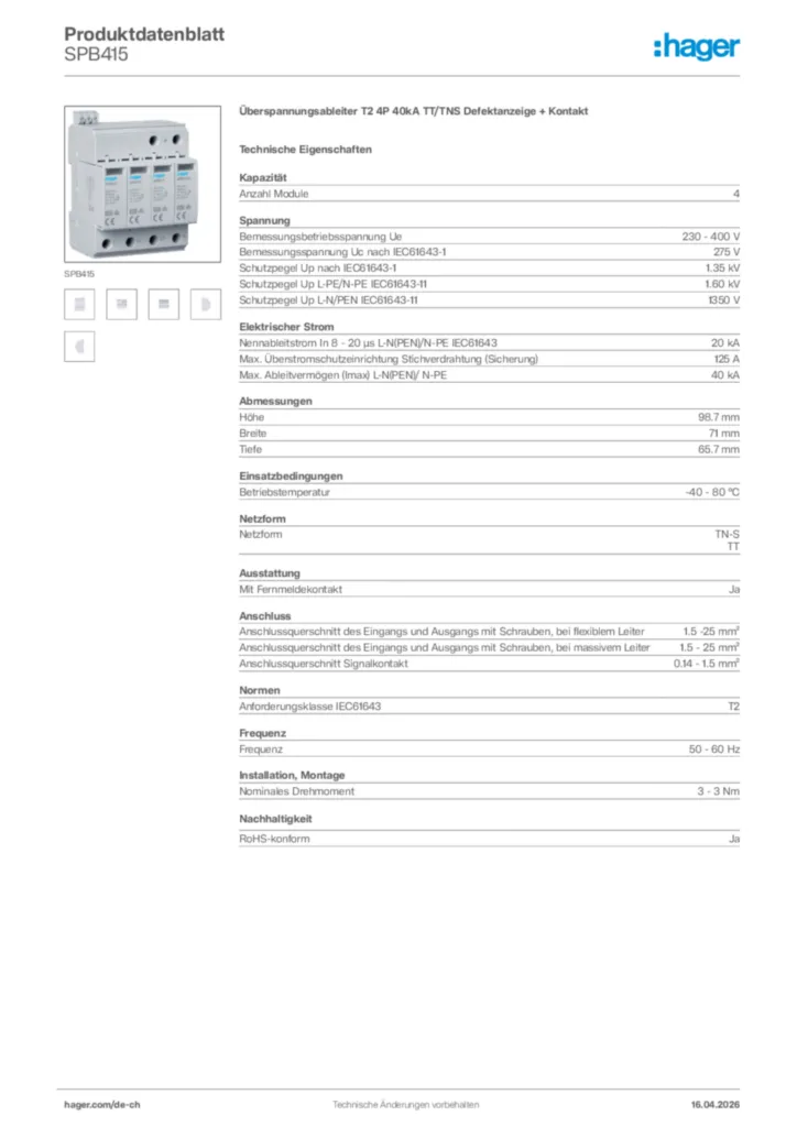 Bild Hager Produktdatenblatt SPB415 | Hager Schweiz