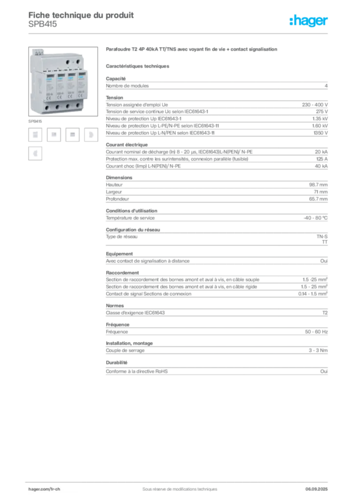 Image Hager Fiche technique du produit SPB415 | Hager Suisse