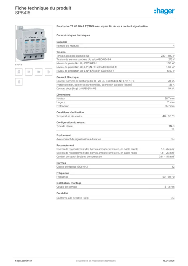Image Hager Fiche technique du produit SPB415 | Hager Suisse