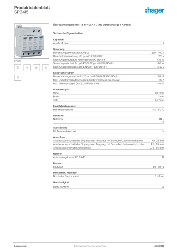 Bild Hager Produktdatenblatt SPB415 | Hager Deutschland
