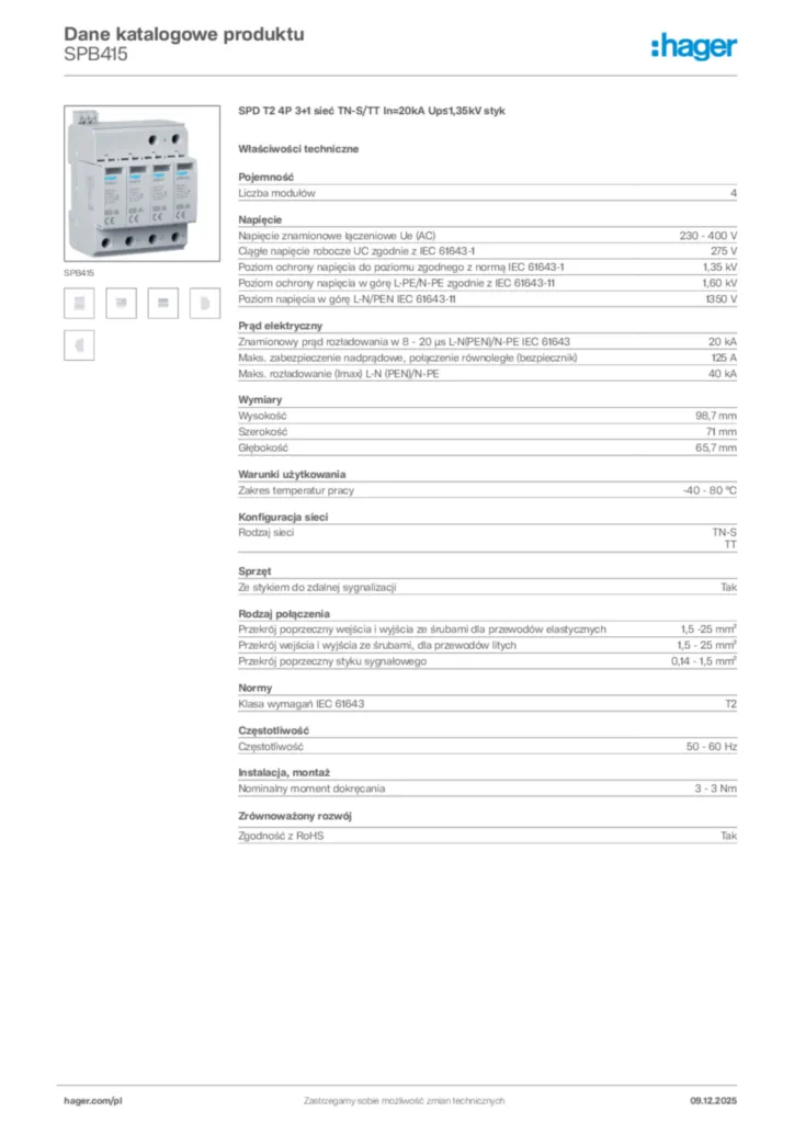 Zdjęcie Hager Karta katalogowa SPB415 | Hager Polska